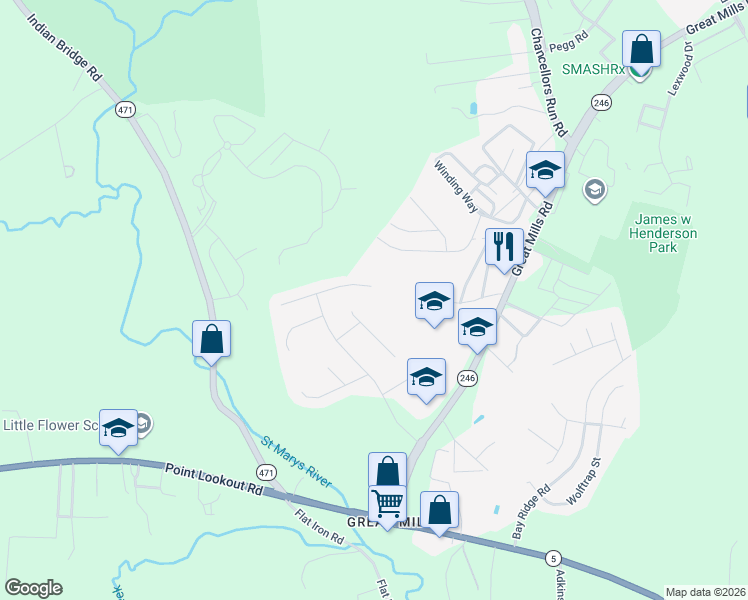 map of restaurants, bars, coffee shops, grocery stores, and more near 20916 Governors Mill Court in Great Mills