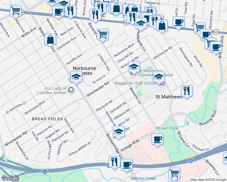 map of restaurants, bars, coffee shops, grocery stores, and more near 4018 Gloucester Road in Louisville