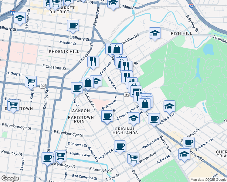 map of restaurants, bars, coffee shops, grocery stores, and more near 1201 East Broadway in Louisville