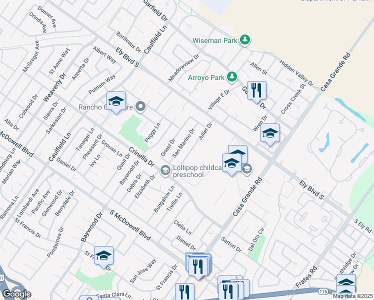 map of restaurants, bars, coffee shops, grocery stores, and more near 1627 Juliet Drive in Petaluma