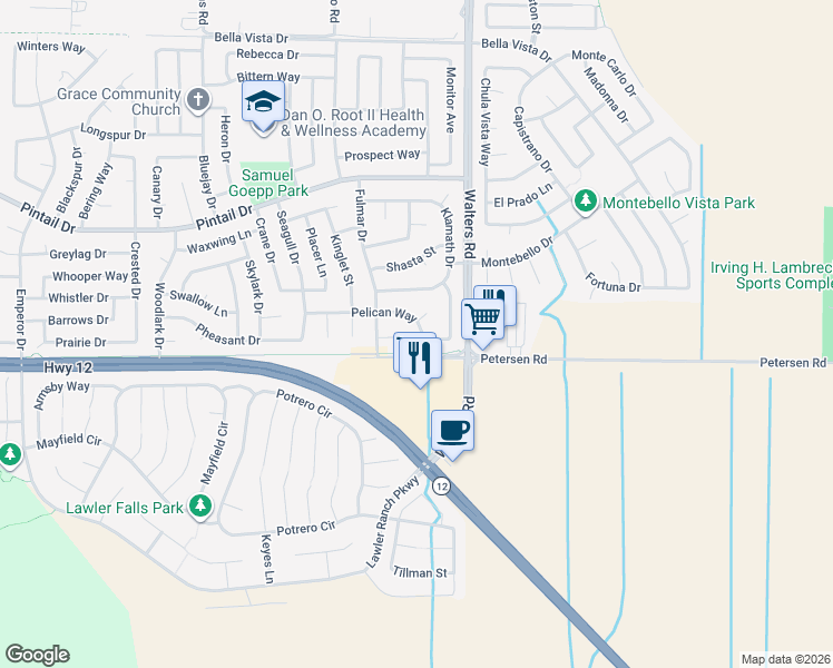 map of restaurants, bars, coffee shops, grocery stores, and more near 1415 Pelican Way in Suisun City