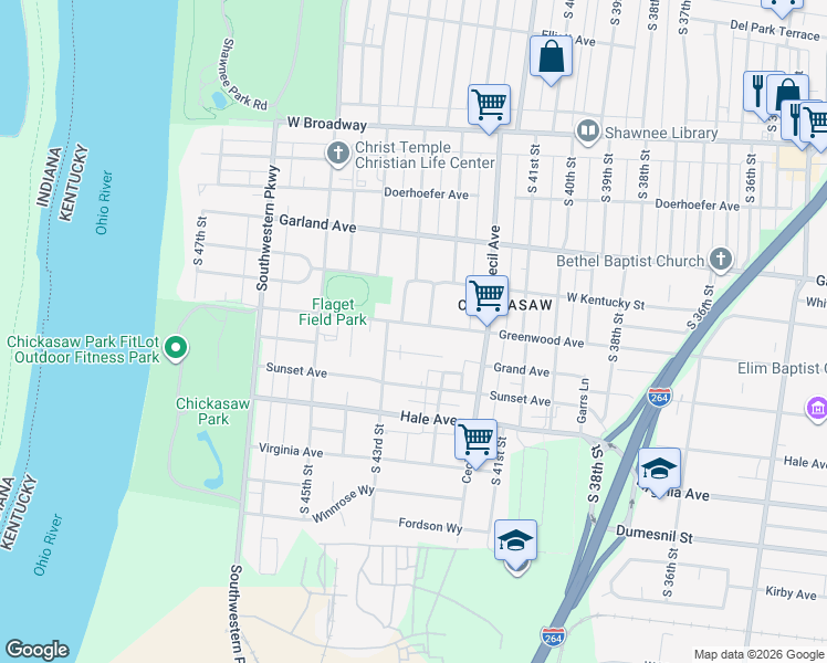 map of restaurants, bars, coffee shops, grocery stores, and more near 4218 Greenwood Avenue in Louisville