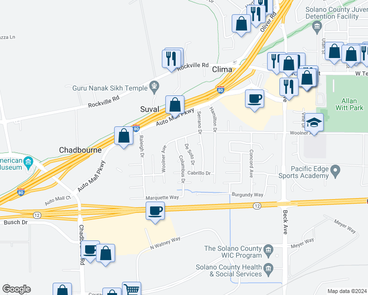 map of restaurants, bars, coffee shops, grocery stores, and more near 255 De Soto Drive in Fairfield