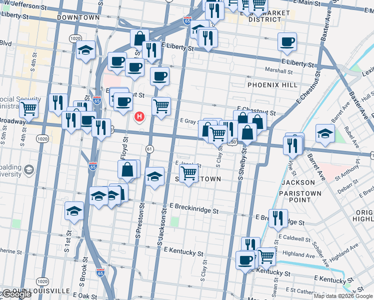 map of restaurants, bars, coffee shops, grocery stores, and more near 527 Finzer Street in Louisville