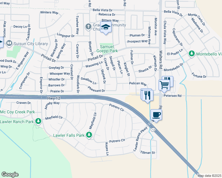 map of restaurants, bars, coffee shops, grocery stores, and more near 1214 Pheasant Drive in Suisun City