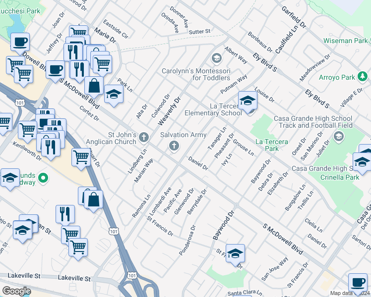 map of restaurants, bars, coffee shops, grocery stores, and more near 1405 Caulfield Lane in Petaluma