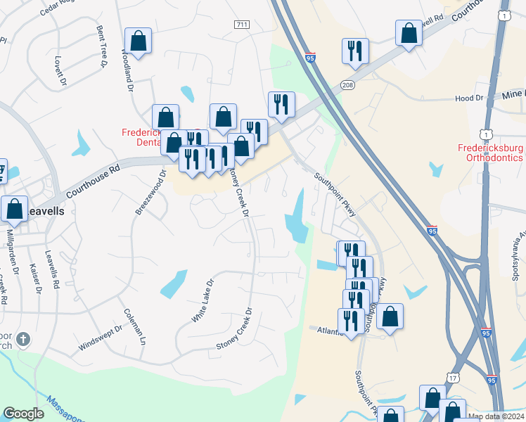 map of restaurants, bars, coffee shops, grocery stores, and more near 5133 Redbud Road in Fredericksburg