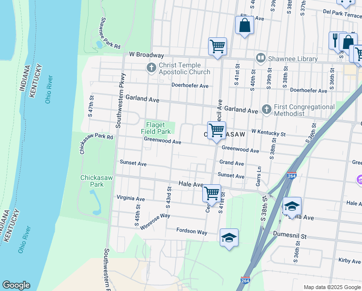 map of restaurants, bars, coffee shops, grocery stores, and more near 4222 Greenwood Avenue in Louisville