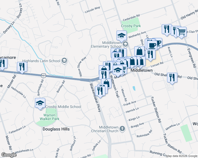 map of restaurants, bars, coffee shops, grocery stores, and more near 11180 Shelbyville Road in Middletown