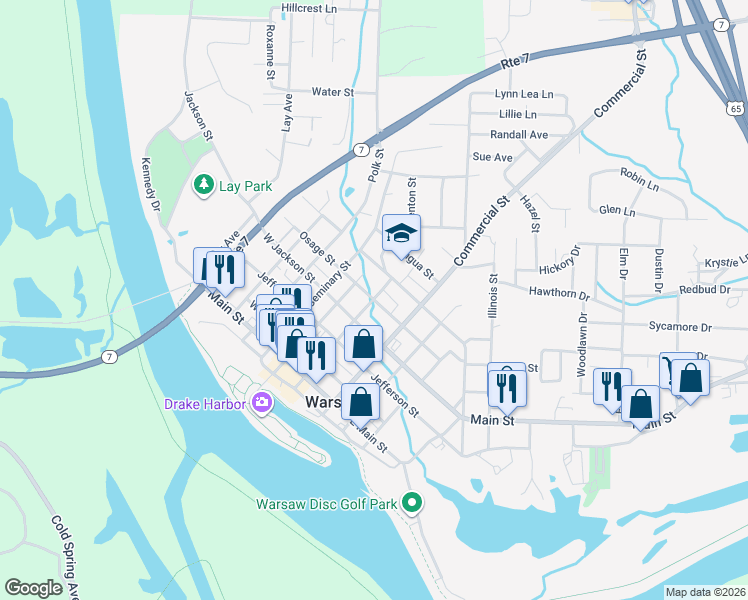 map of restaurants, bars, coffee shops, grocery stores, and more near 187 West Osage Street in Warsaw