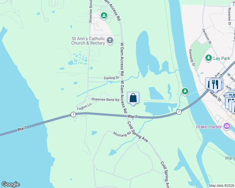 map of restaurants, bars, coffee shops, grocery stores, and more near 30455 West Dam Access Road in Warsaw