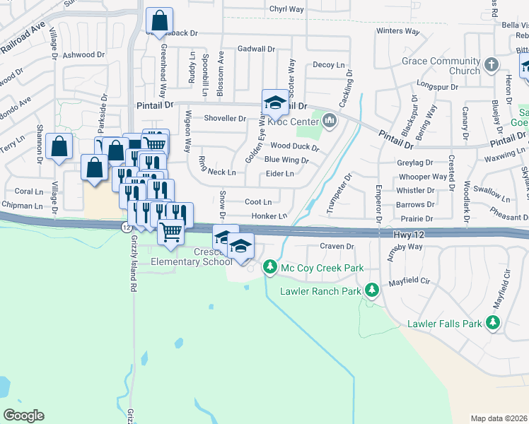 map of restaurants, bars, coffee shops, grocery stores, and more near 522 Honker Lane in Suisun City
