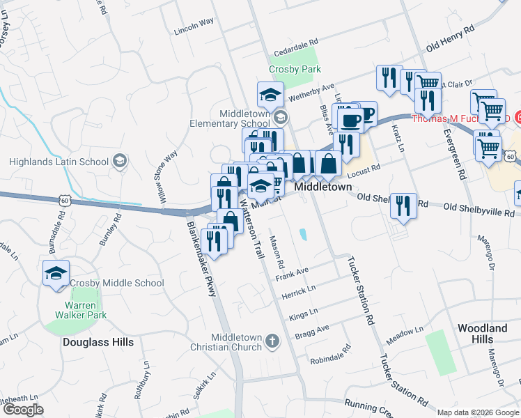 map of restaurants, bars, coffee shops, grocery stores, and more near 11516 Main Street in Louisville