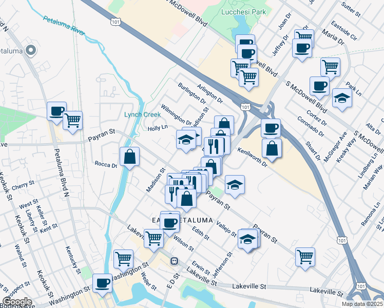 map of restaurants, bars, coffee shops, grocery stores, and more near 110 Ellis Street in Petaluma