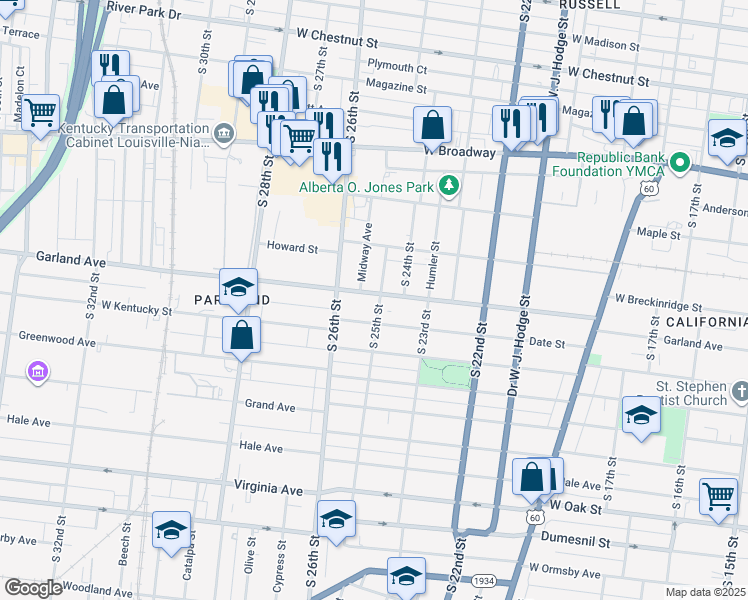 map of restaurants, bars, coffee shops, grocery stores, and more near 2502 Garland Avenue in Louisville
