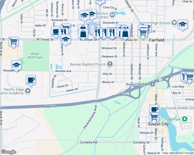 map of restaurants, bars, coffee shops, grocery stores, and more near 1306 James Street in Fairfield
