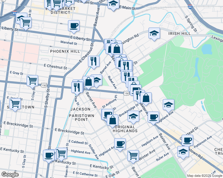 map of restaurants, bars, coffee shops, grocery stores, and more near 1172 East Broadway in Louisville