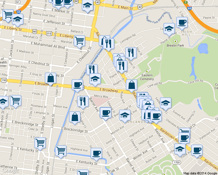 map of restaurants, bars, coffee shops, grocery stores, and more near 1172 East Broadway in Louisville