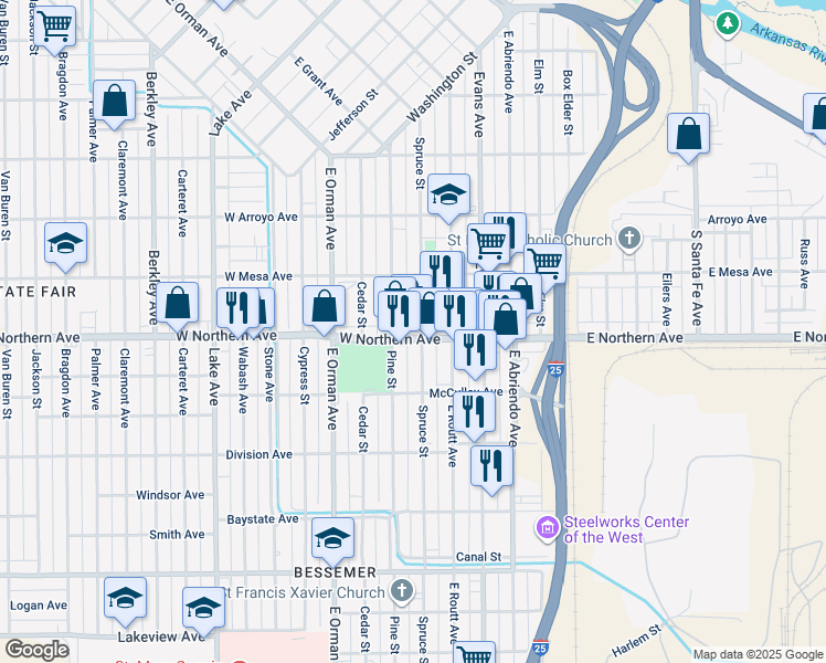 map of restaurants, bars, coffee shops, grocery stores, and more near 546 West Northern Avenue in Pueblo