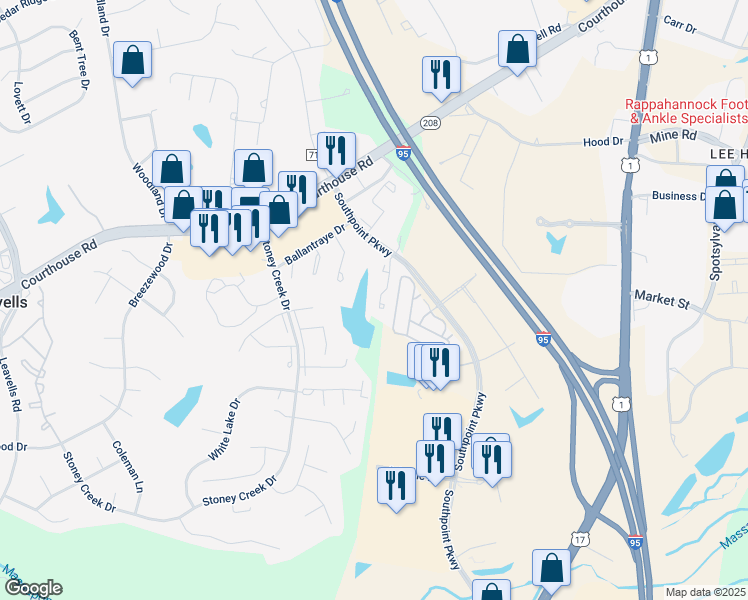 map of restaurants, bars, coffee shops, grocery stores, and more near 10622 Wakeman Drive in Fredericksburg