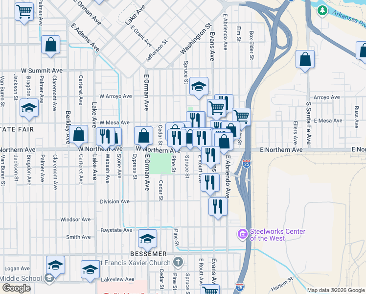 map of restaurants, bars, coffee shops, grocery stores, and more near 1245 Spruce Street in Pueblo