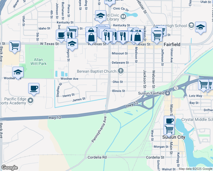 map of restaurants, bars, coffee shops, grocery stores, and more near 1306 James Street in Fairfield