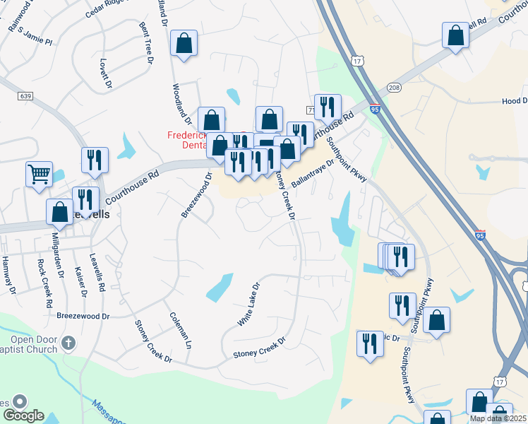 map of restaurants, bars, coffee shops, grocery stores, and more near Steeplechase Drive in Fredericksburg
