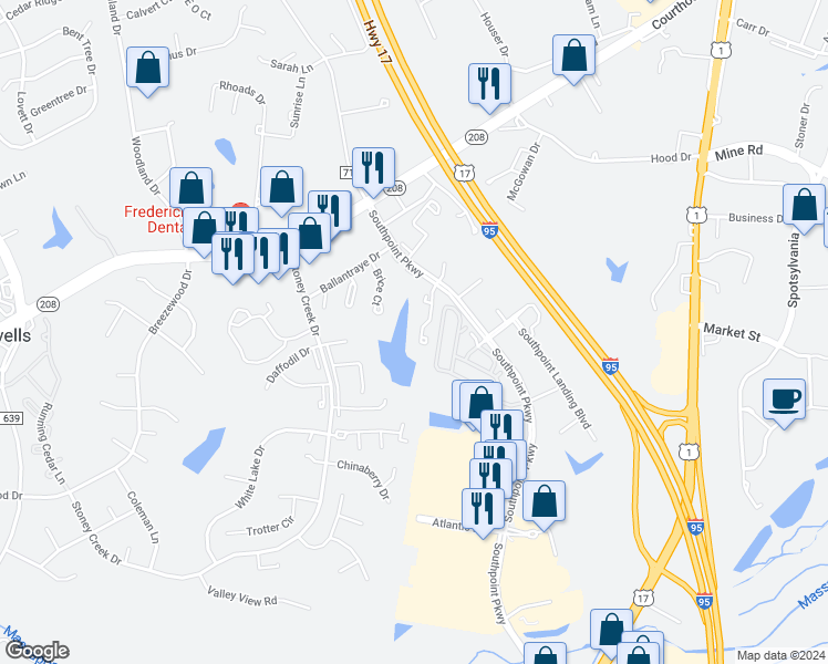 map of restaurants, bars, coffee shops, grocery stores, and more near 10620 Wakeman Drive in Fredericksburg