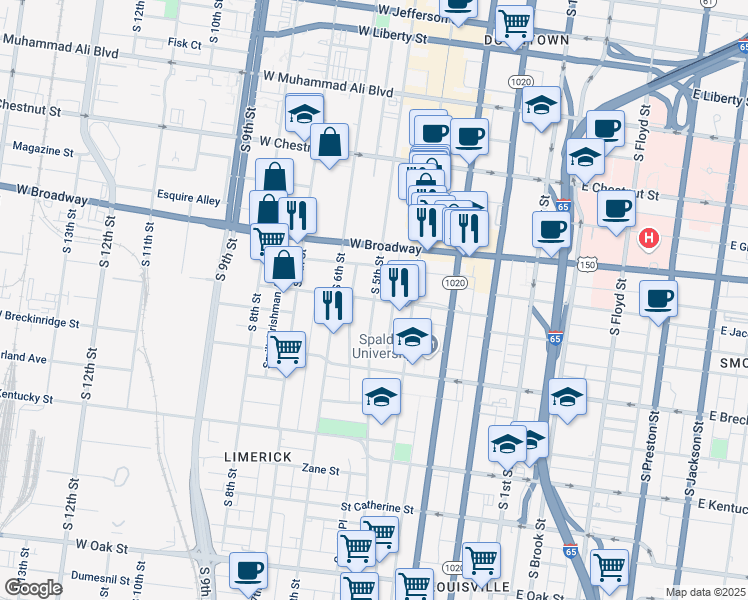 map of restaurants, bars, coffee shops, grocery stores, and more near York St in Louisville