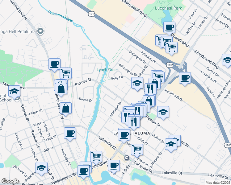 map of restaurants, bars, coffee shops, grocery stores, and more near 35 Rio Vista Way in Petaluma