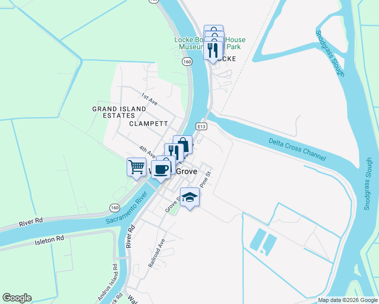 map of restaurants, bars, coffee shops, grocery stores, and more near 14071 River Road in Walnut Grove