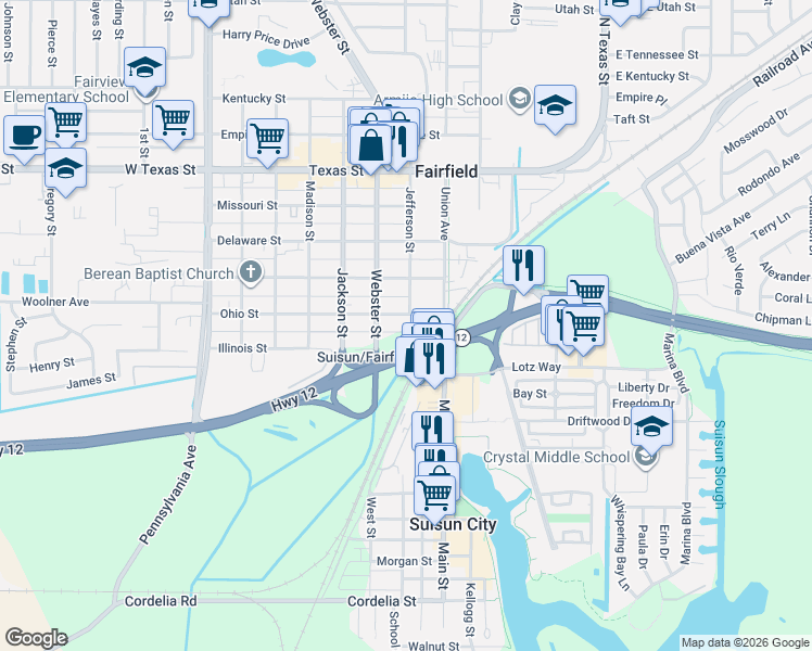 map of restaurants, bars, coffee shops, grocery stores, and more near 177 Main Street in Suisun City