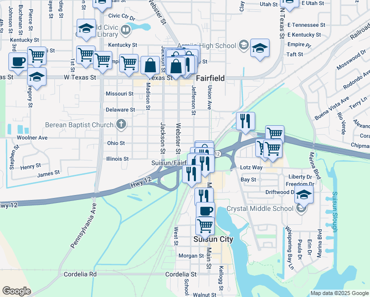 map of restaurants, bars, coffee shops, grocery stores, and more near 4 Webster Street in Fairfield