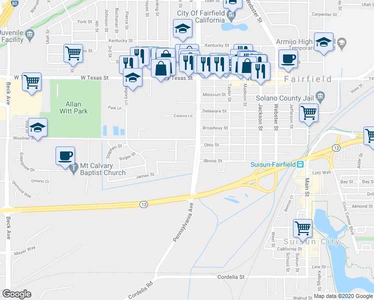 map of restaurants, bars, coffee shops, grocery stores, and more near 1306 James Street in Fairfield