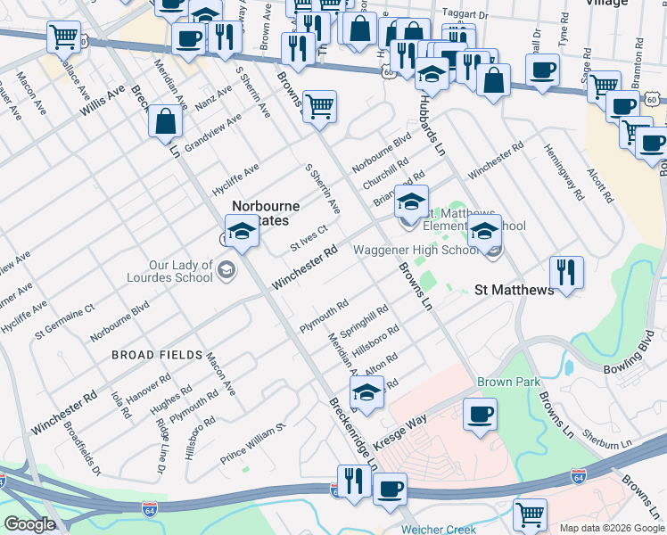 map of restaurants, bars, coffee shops, grocery stores, and more near 4018 Gloucester Road in Louisville