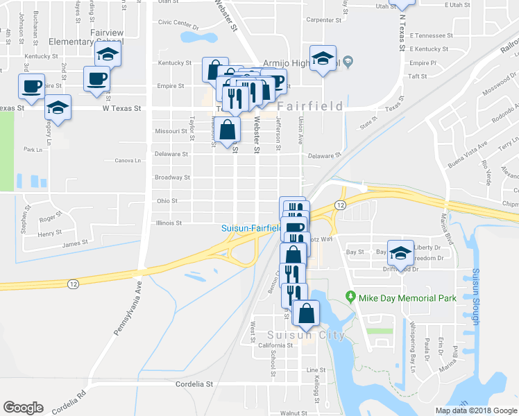 map of restaurants, bars, coffee shops, grocery stores, and more near 4 Webster Street in Fairfield