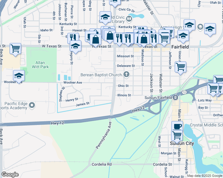 map of restaurants, bars, coffee shops, grocery stores, and more near 225 Pennsylvania Avenue in Fairfield