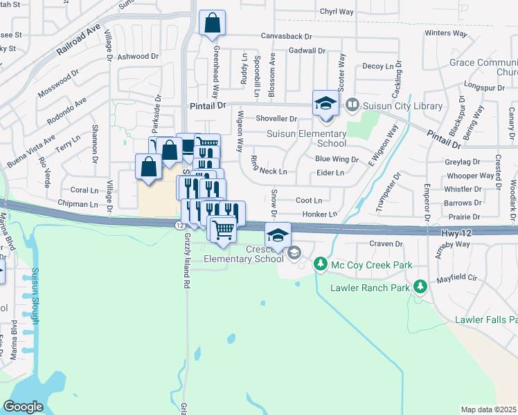 map of restaurants, bars, coffee shops, grocery stores, and more near Central County Bikeway in Suisun City