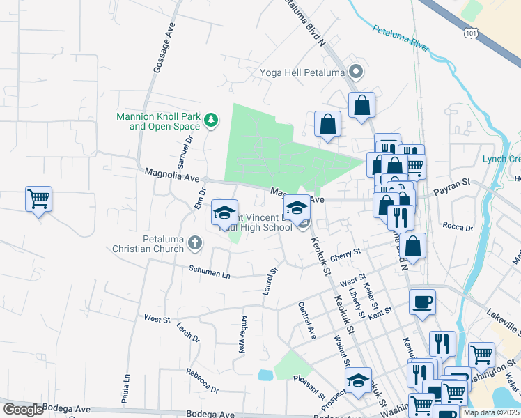 map of restaurants, bars, coffee shops, grocery stores, and more near 1023 Gailinda Court in Petaluma