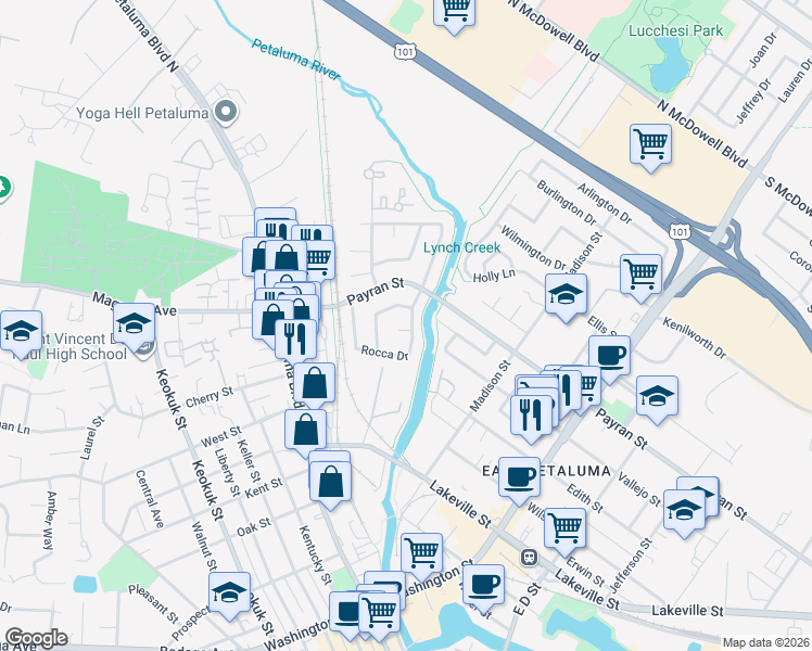 map of restaurants, bars, coffee shops, grocery stores, and more near 7 Elinor Court in Petaluma
