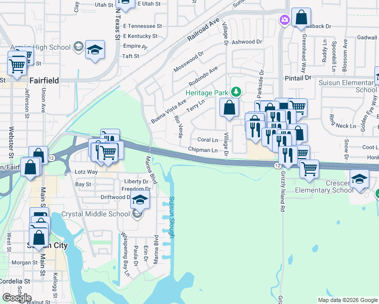 map of restaurants, bars, coffee shops, grocery stores, and more near 73 Chipman Lane in Suisun City