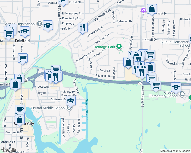 map of restaurants, bars, coffee shops, grocery stores, and more near 73 Chipman Lane in Suisun City