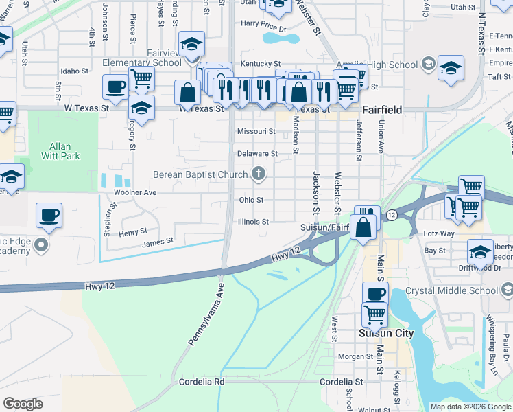 map of restaurants, bars, coffee shops, grocery stores, and more near 1210 Illinois Street in Fairfield