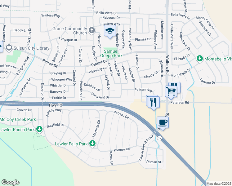 map of restaurants, bars, coffee shops, grocery stores, and more near 1219 Pheasant Drive in Suisun City