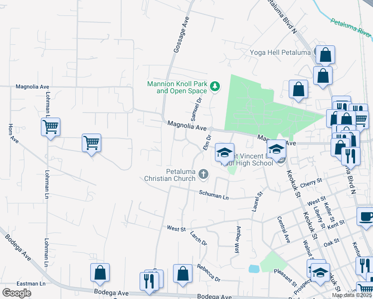 map of restaurants, bars, coffee shops, grocery stores, and more near 821 Blossom Court in Petaluma