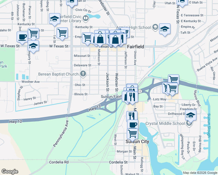 map of restaurants, bars, coffee shops, grocery stores, and more near 216 Jackson Street in Fairfield