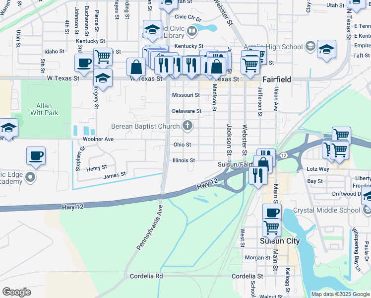 map of restaurants, bars, coffee shops, grocery stores, and more near 1210 Illinois Street in Fairfield