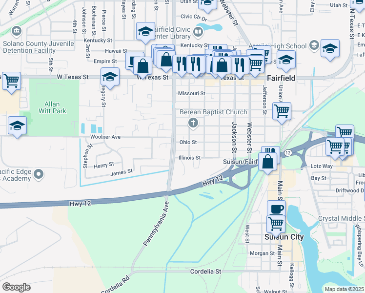 map of restaurants, bars, coffee shops, grocery stores, and more near 1210 Illinois Street in Fairfield