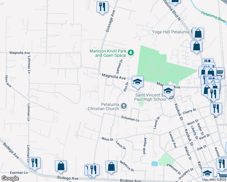 map of restaurants, bars, coffee shops, grocery stores, and more near 821 Blossom Court in Petaluma