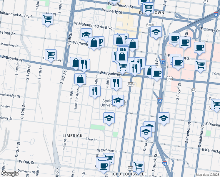 map of restaurants, bars, coffee shops, grocery stores, and more near 800 South 4th Street in Louisville